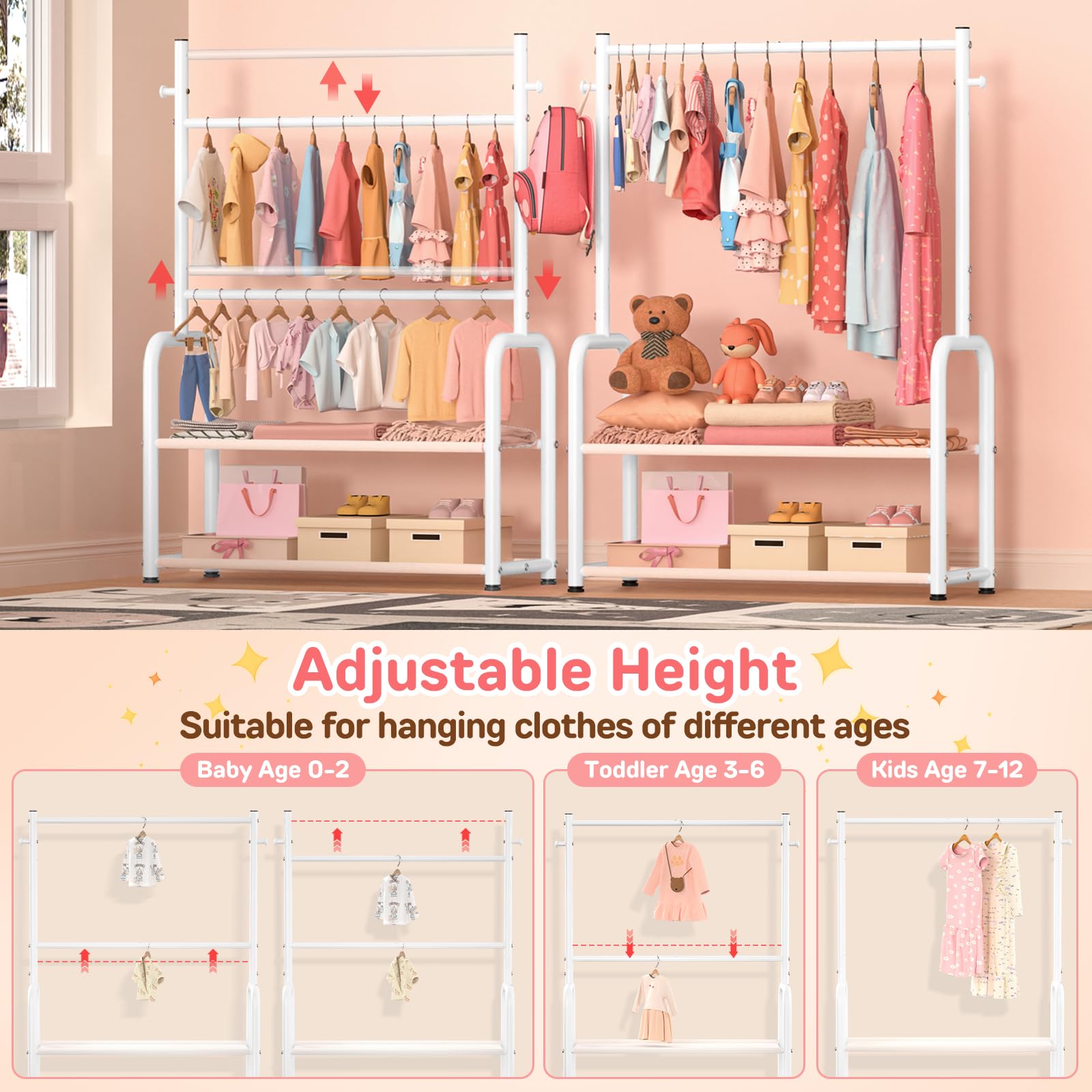 ZHKINGGS dress-up rack with two rods highlighting versatile height adjustments for toddlers.
