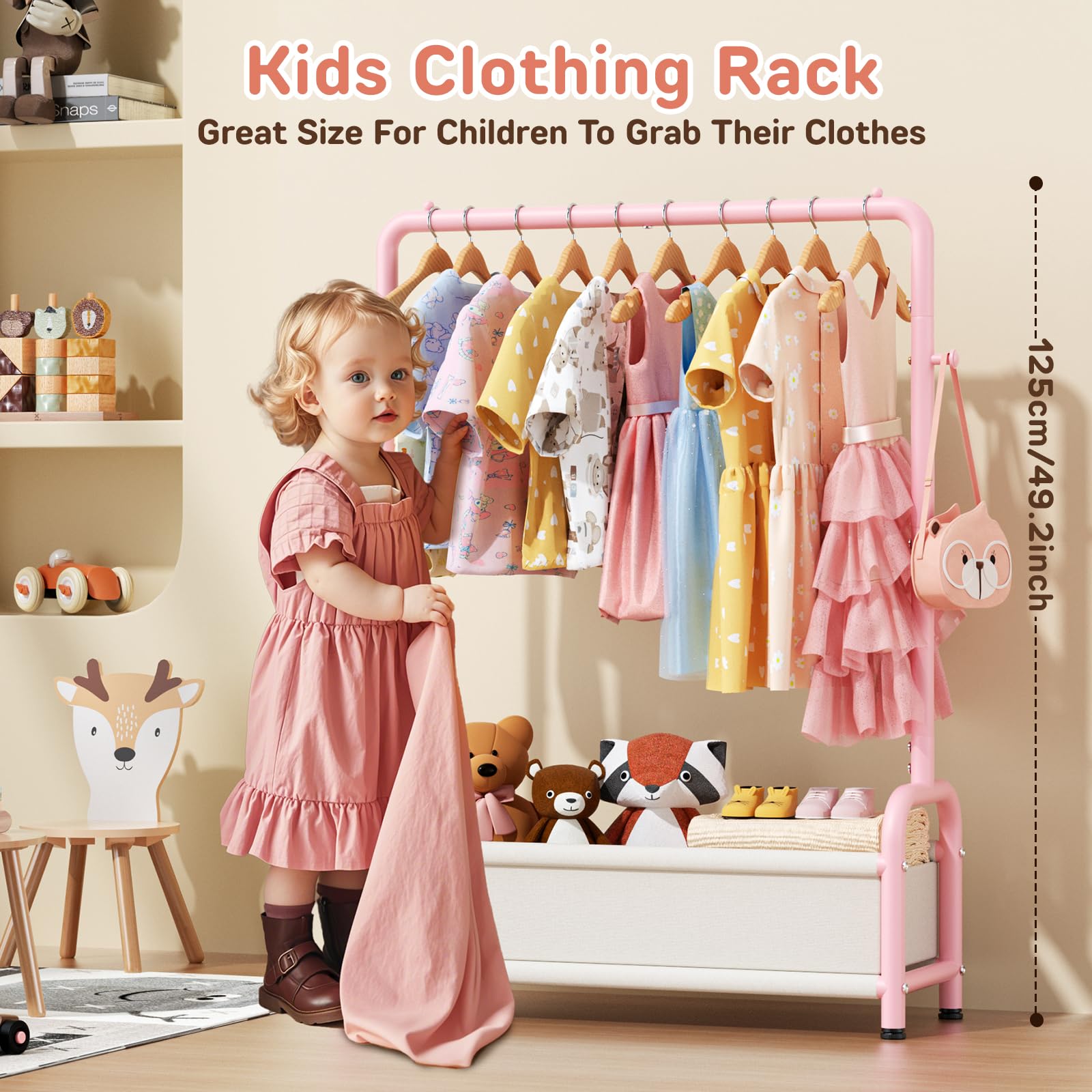 ZHKINGGS kids clothes rack base close-up highlights secure U-shape support.