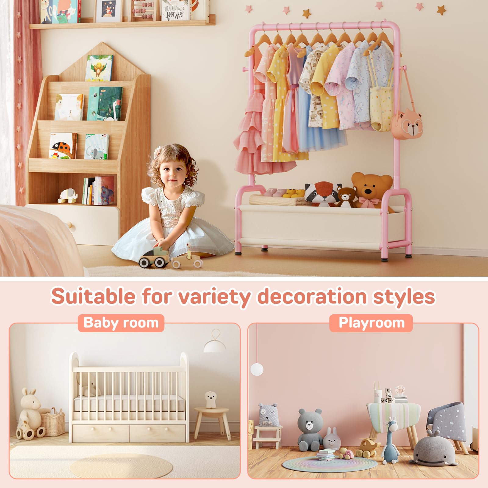 ZHKINGGS kids clothes rack in playroom complements kid-friendly decor.