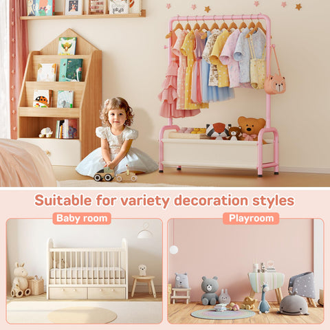 ZHKINGGS kids clothes rack in playroom complements kid-friendly decor.