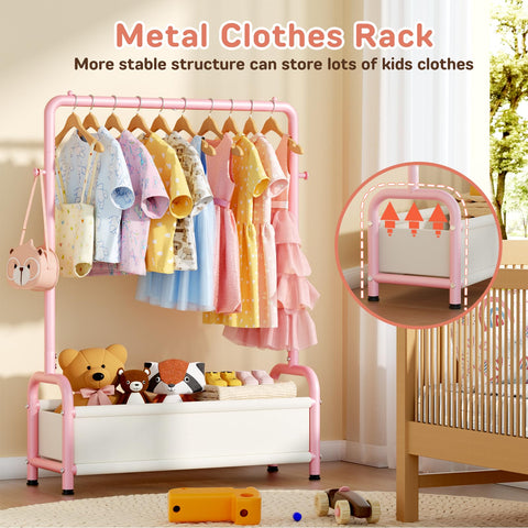 ZHKINGGS kids clothes rack storage basket offers extra space for toys and clothes.