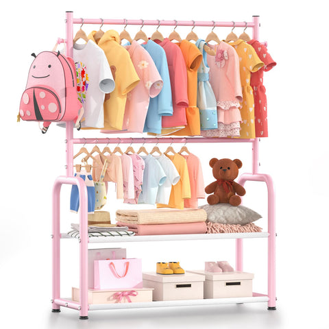 ZHKINGGS kids clothing rack with 2-layer storage shelf for organized playroom