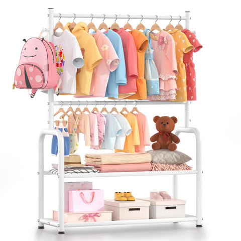 ZHKINGGS kids clothing rack front view with two-layer storage for tidy playroom organization.