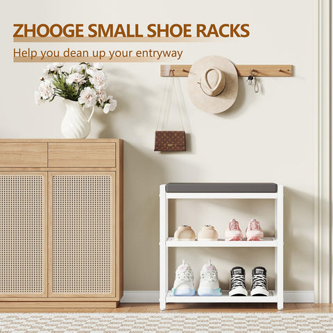 ZHOOGE Small Shoe Bench placed at end of bed for extra seating and storage.