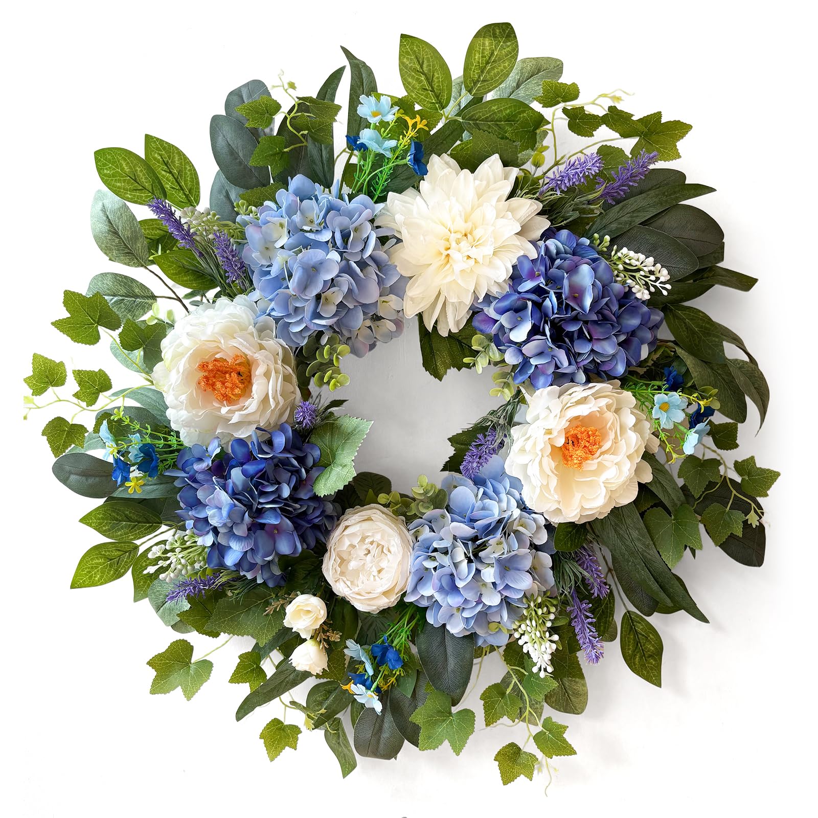 Zhoree 24-inch wreath with blue hydrangea and white peony enhances curb appeal.