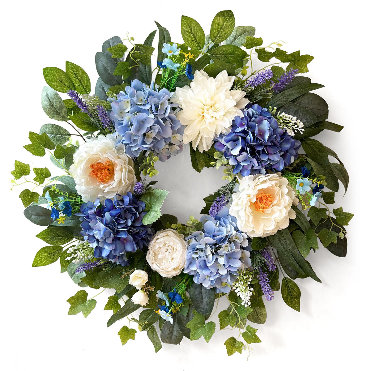 Zhoree 24-inch wreath with blue hydrangea and white peony enhances curb appeal.