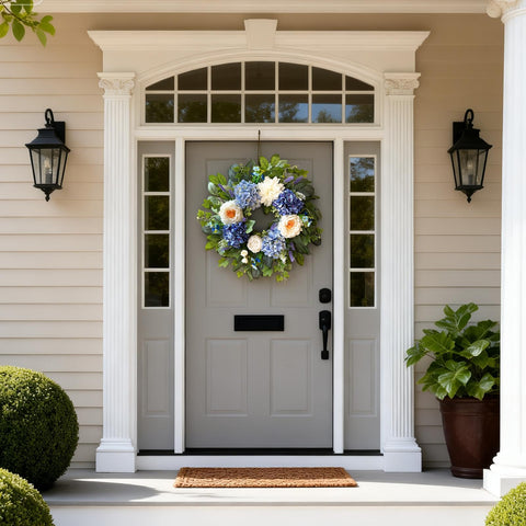 Zhoree close-up of blue hydrangea and white peony details.