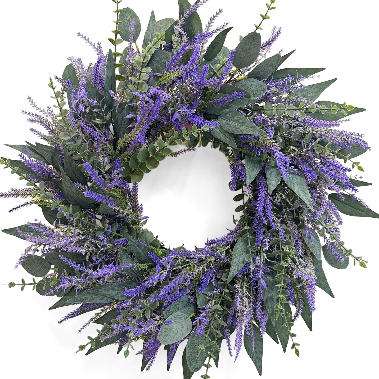 Zhoree lavender eucalyptus wreath close-up emphasizes lifelike fullness
