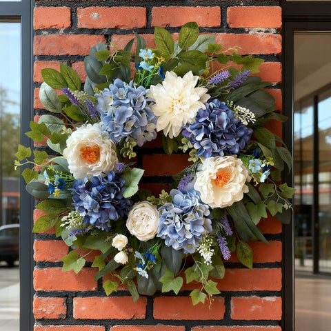 Zhoree wreath displayed on living room wall for stylish accent.
