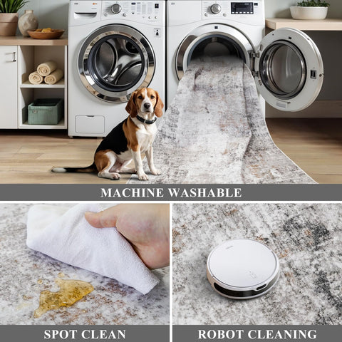 Machine-washable ZHXXUJ rug shown in washing machine for easy cleanup.