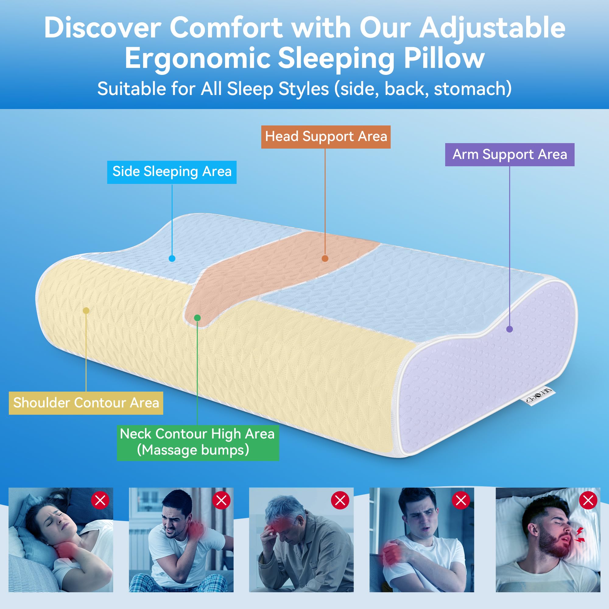 Zibroges pillow side view emphasizes side-sleeper support with three-layer adjustability.