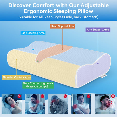 Zibroges pillow side view emphasizes side-sleeper support with three-layer adjustability.