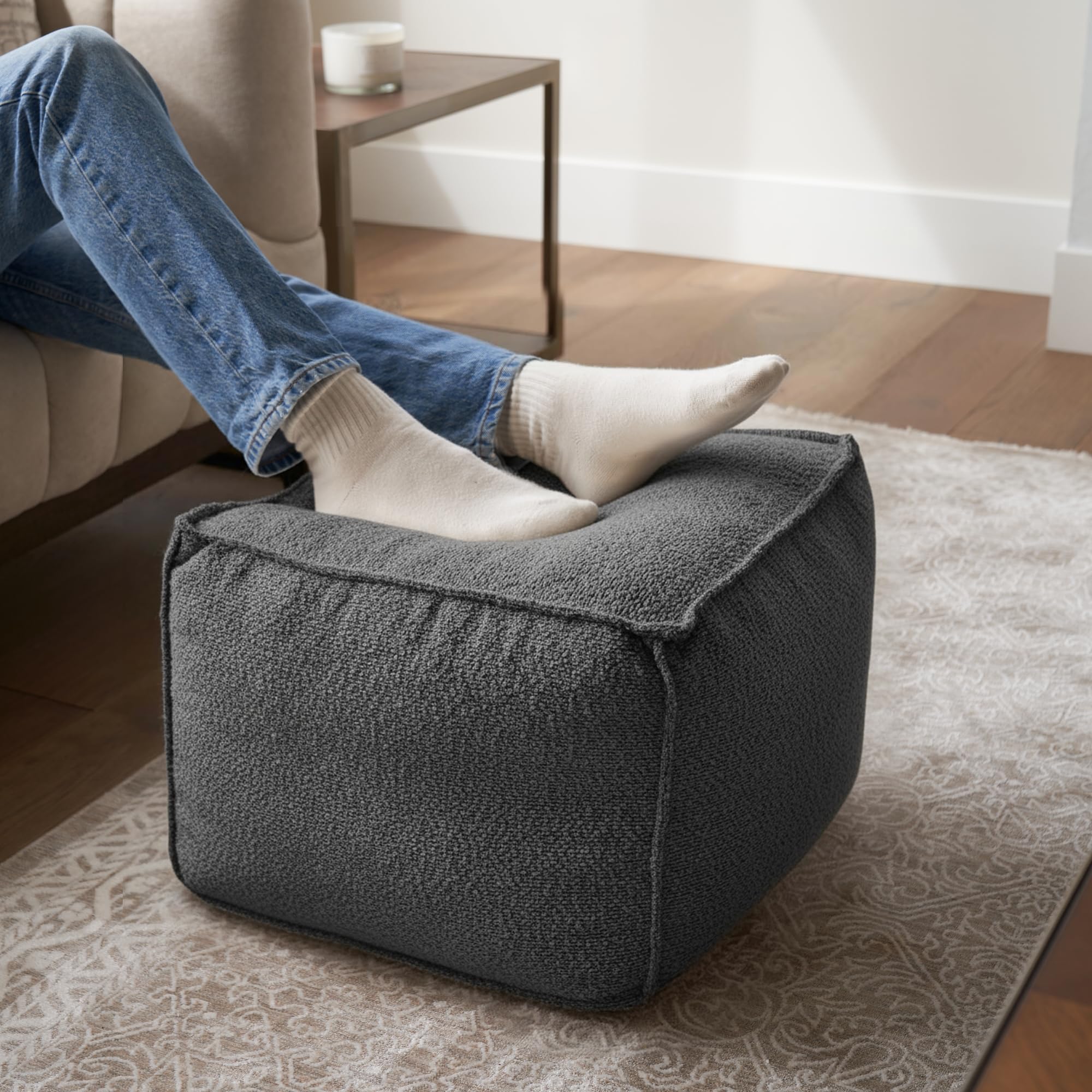 ZICOTO Beautiful Boucle Pouf Ottoman in dark gray, stylish footrest for cozy living spaces.