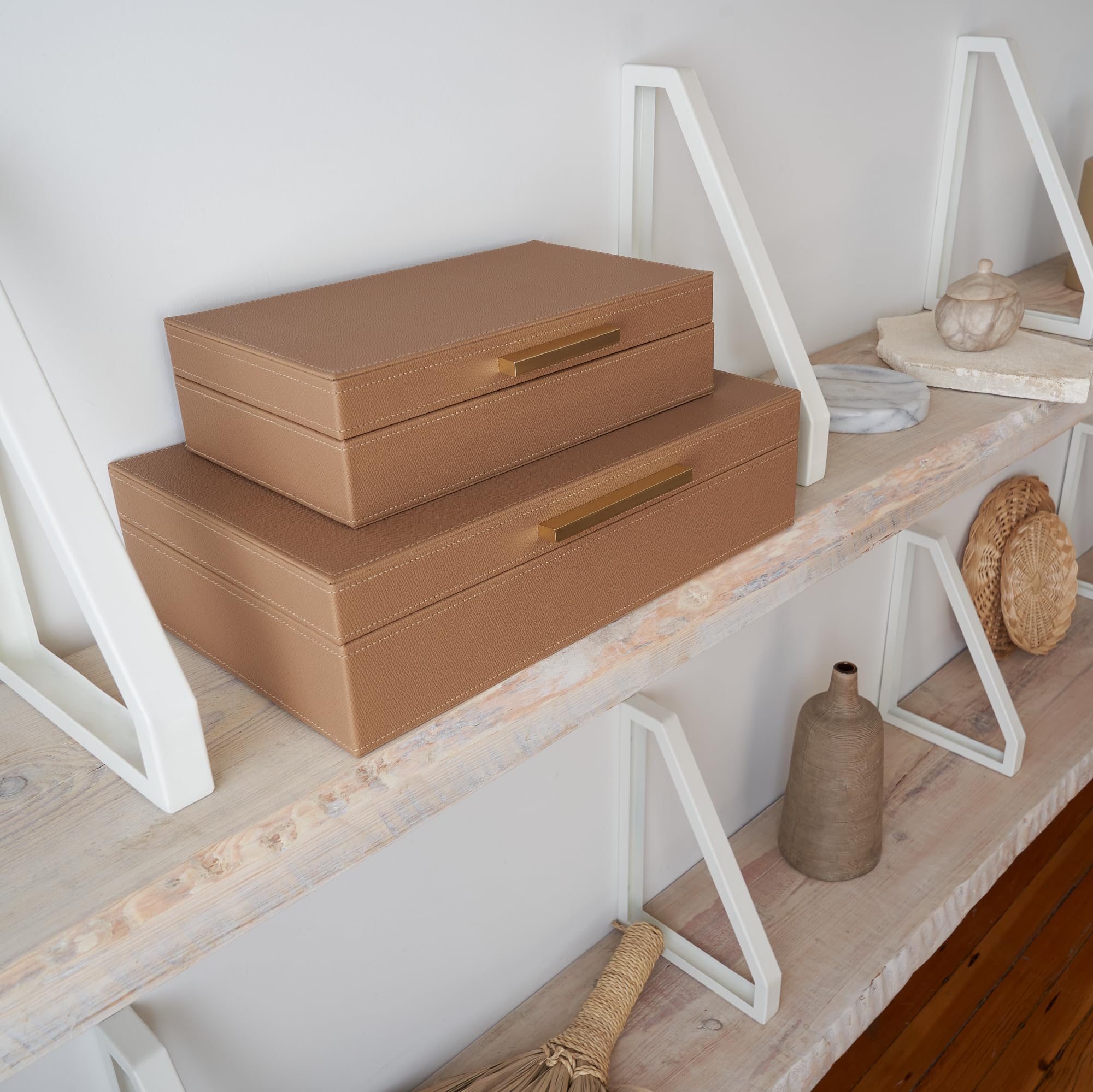 ZICOTO stackable brown boxes on a shelf create cohesive decor.