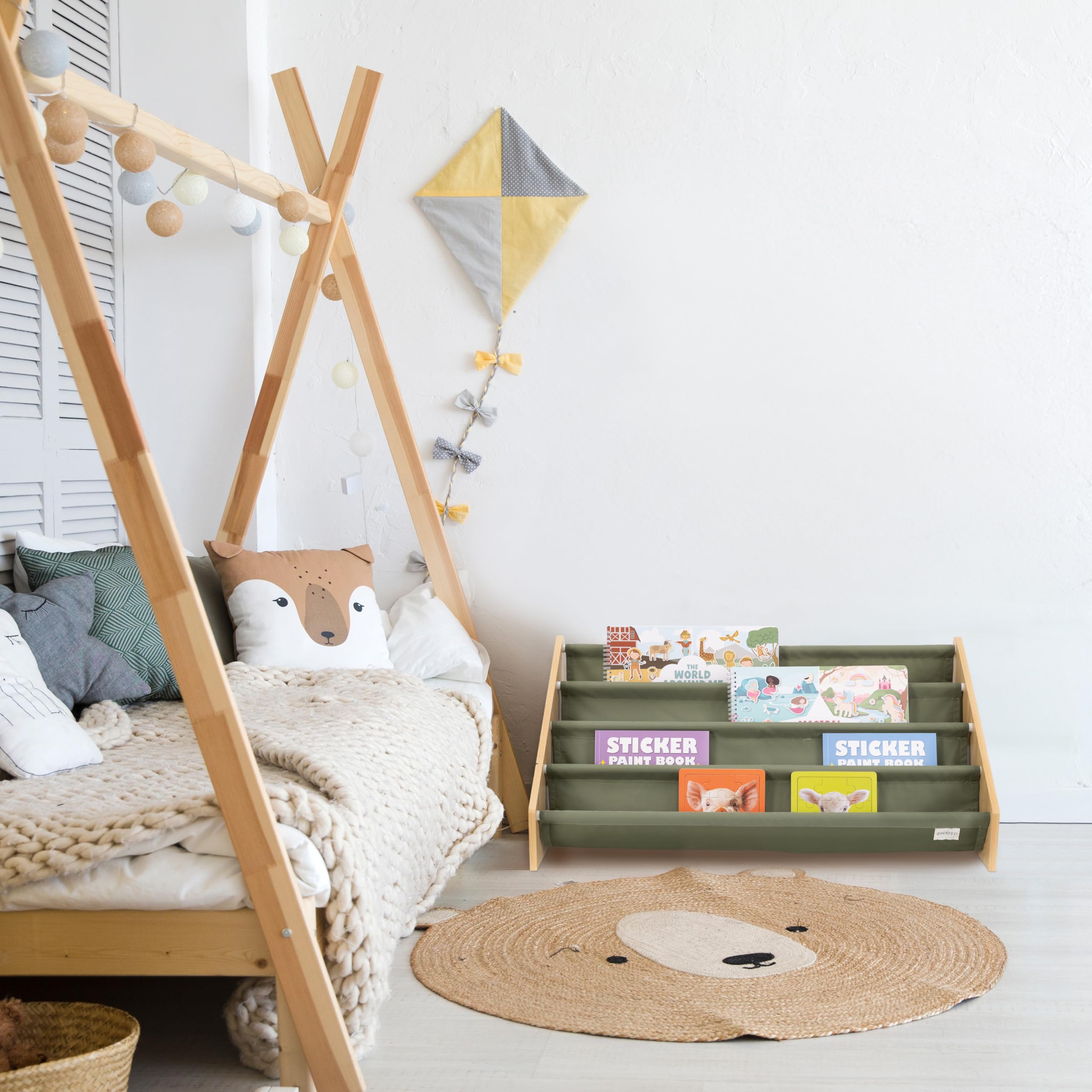 ZICOTO durable wood and fabric bookshelf designed for safe toddler play.