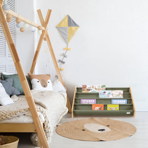 ZICOTO durable wood and fabric bookshelf designed for safe toddler play.