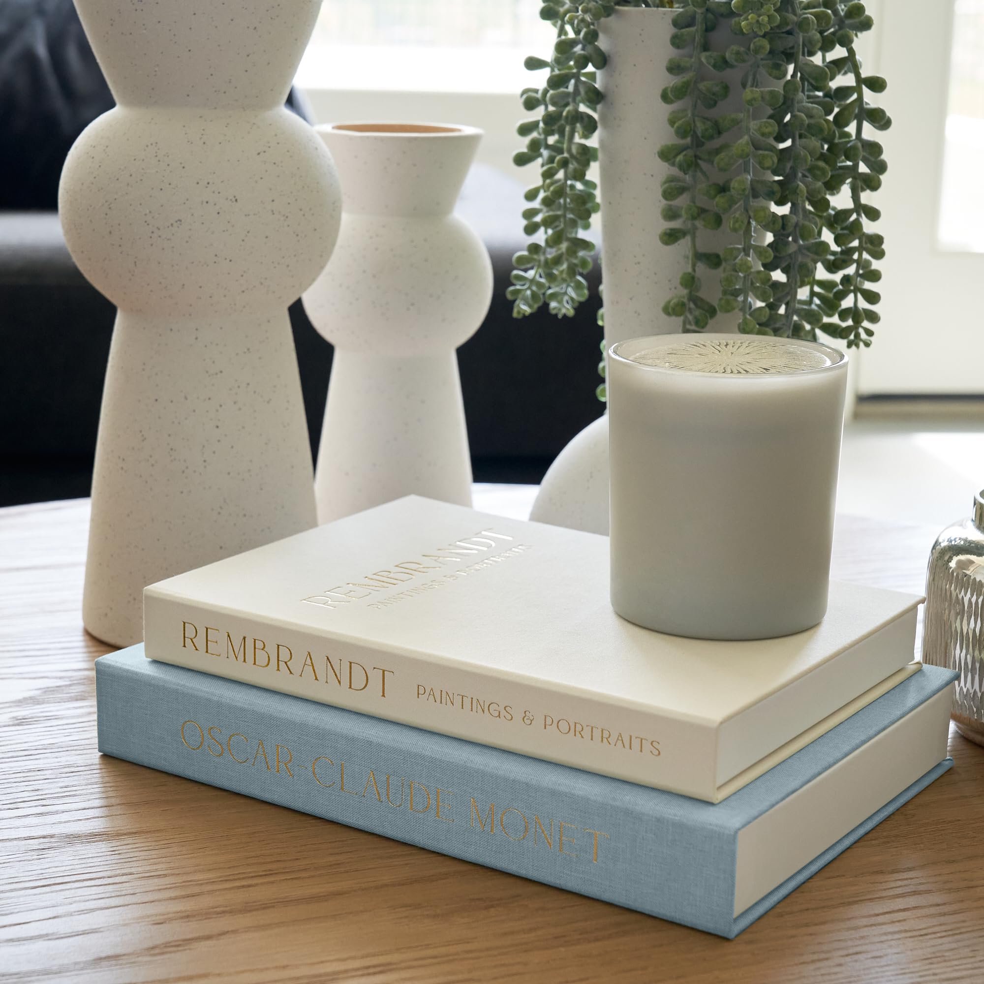 ZICOTO decorative books with beige linen cover to enhance cozy shelf decor.