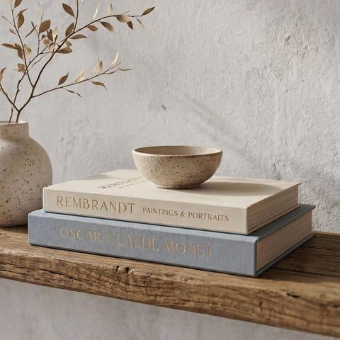 ZICOTO decorative books with morning blue linen cover for stylish shelf styling.
