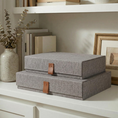 ZICOTO decorative photo storage boxes with lids, front view, ideal for stylish photo organization