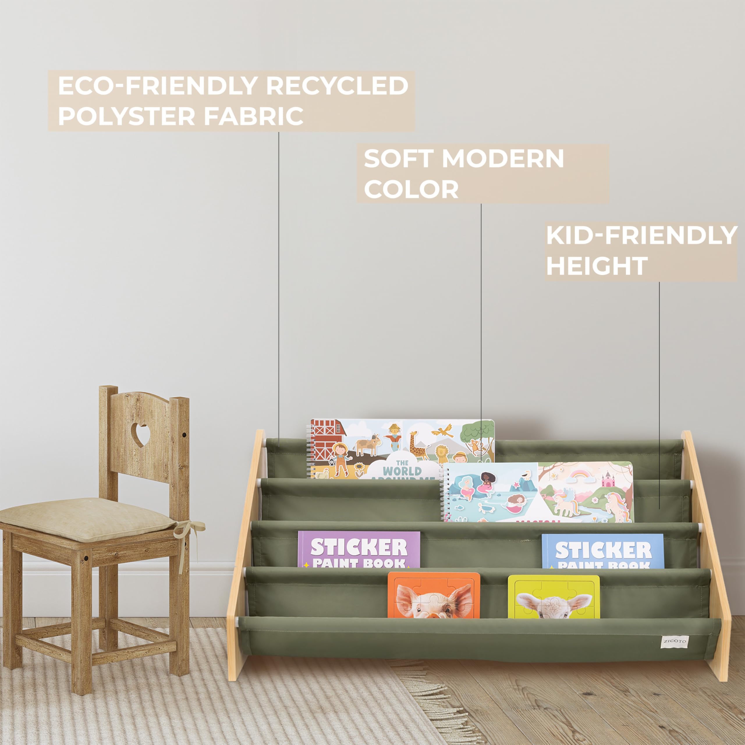 ZICOTO color-sage finish blends with decor and invites reading.