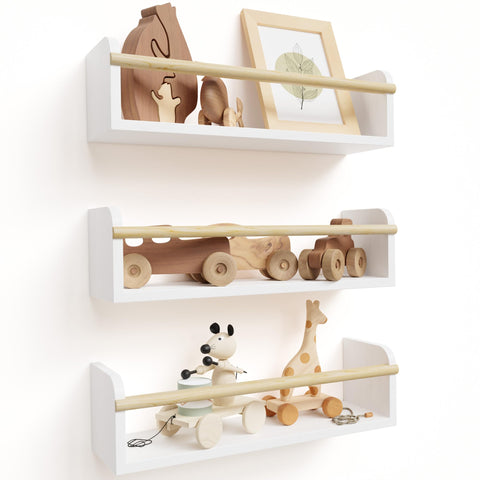 ZICOTO floating shelves in nursery with white and wood finish ideal for books and decor.