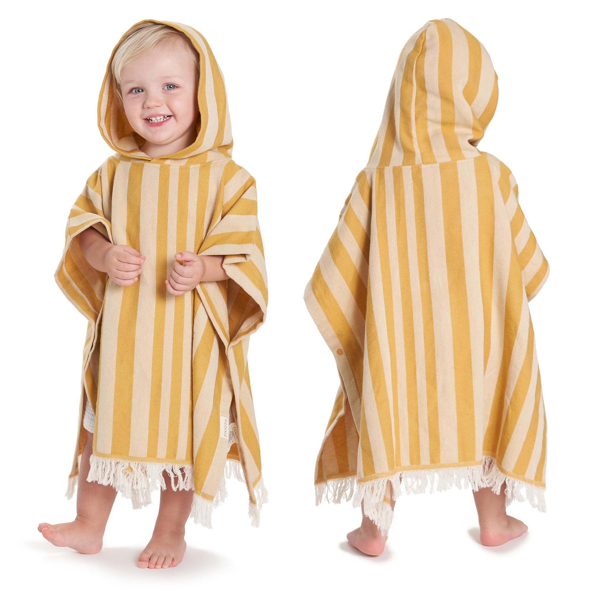 ZICOTO hooded toddler towel with mustard stripes, cozy for bath and beach after swimming.