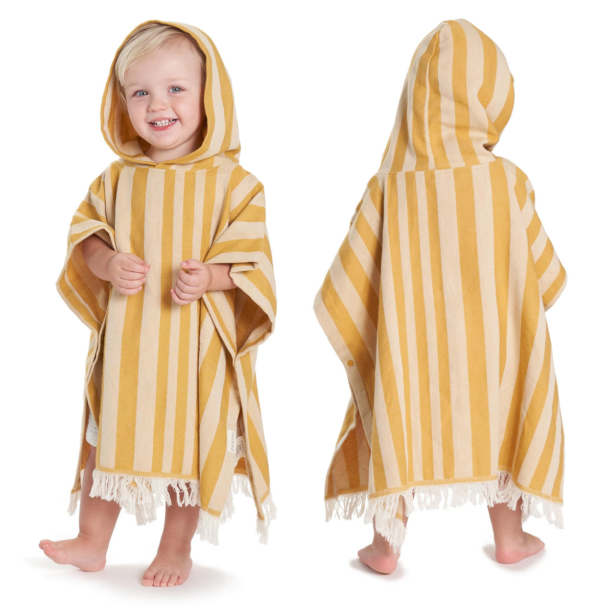 ZICOTO hooded toddler towel with mustard stripes, cozy for bath and beach after swimming.