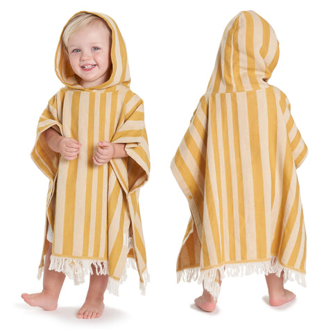 ZICOTO hooded toddler towel with mustard stripes, cozy for bath and beach after swimming.