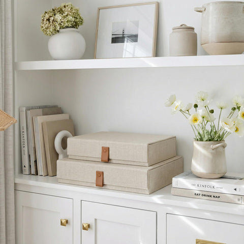 ZICOTO large decorative photo storage box with linen lid protects keepsakes from dust.