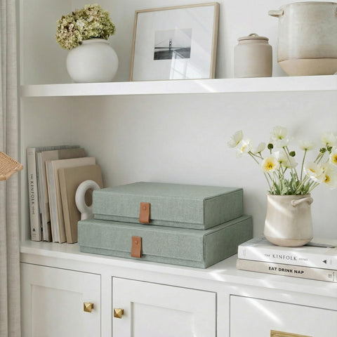 ZICOTO large sage linen photo storage box with lid offers extra space