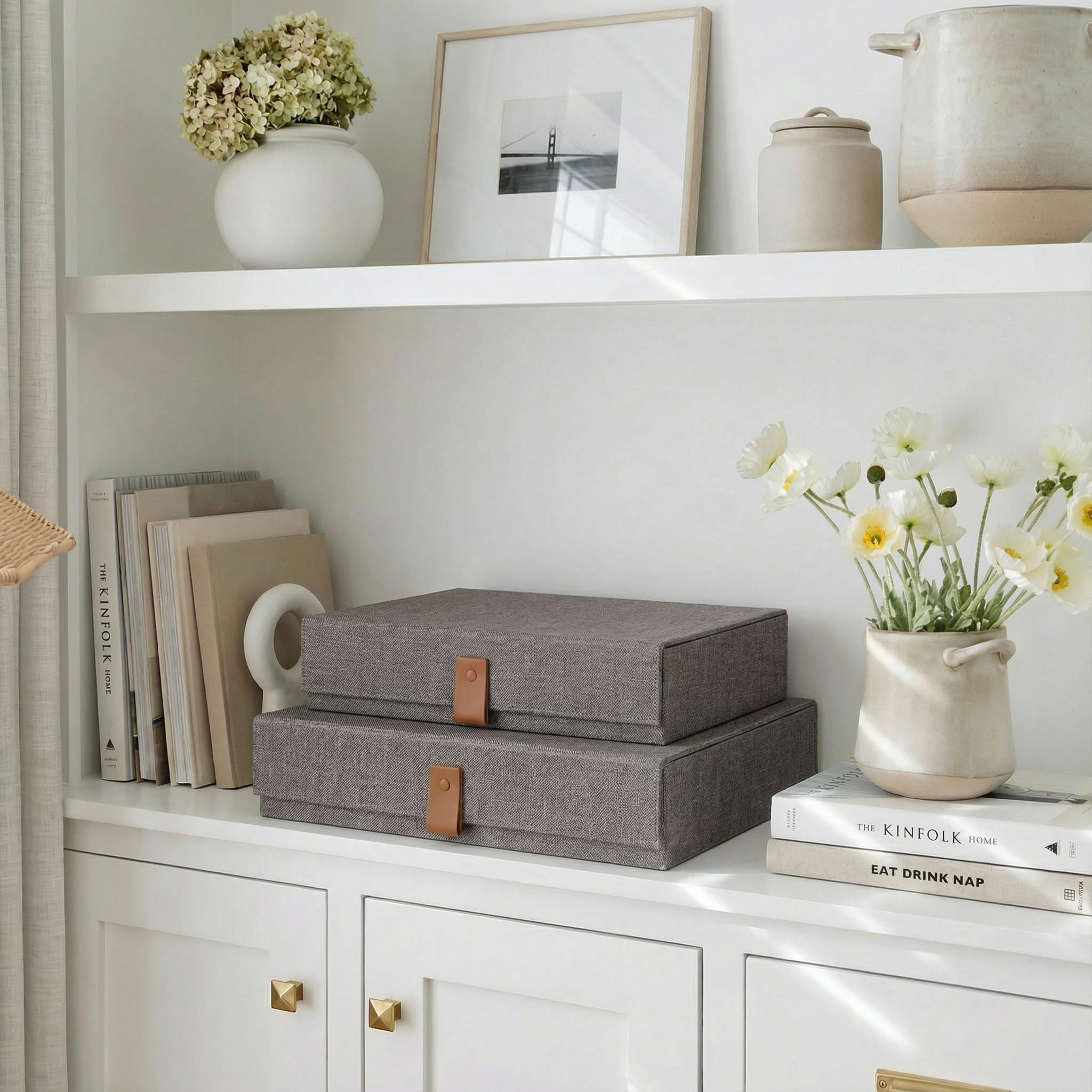 ZICOTO linen storage boxes with lids, open top view, protecting keepsakes from dust