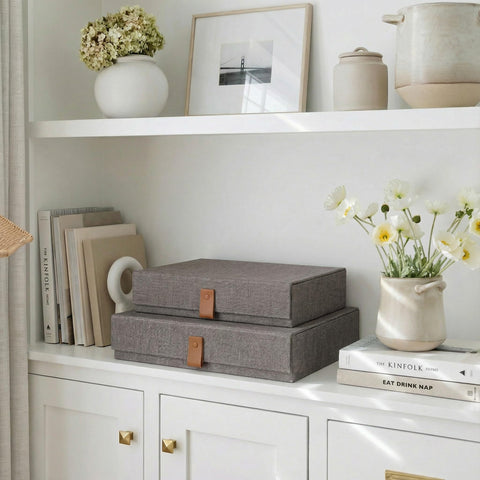 ZICOTO linen storage boxes with lids, open top view, protecting keepsakes from dust