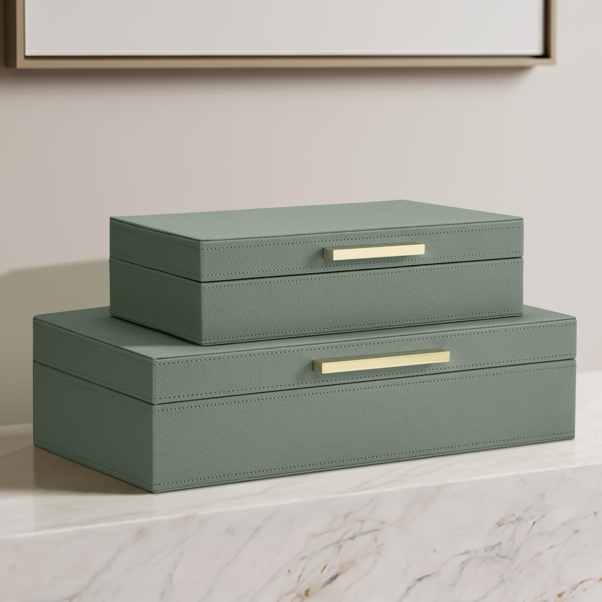ZICOTO sage green decorative boxes complement modern living spaces.