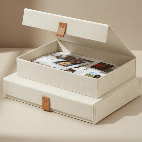 ZICOTO scrapbooking paper storage in linen keeps supplies organized.