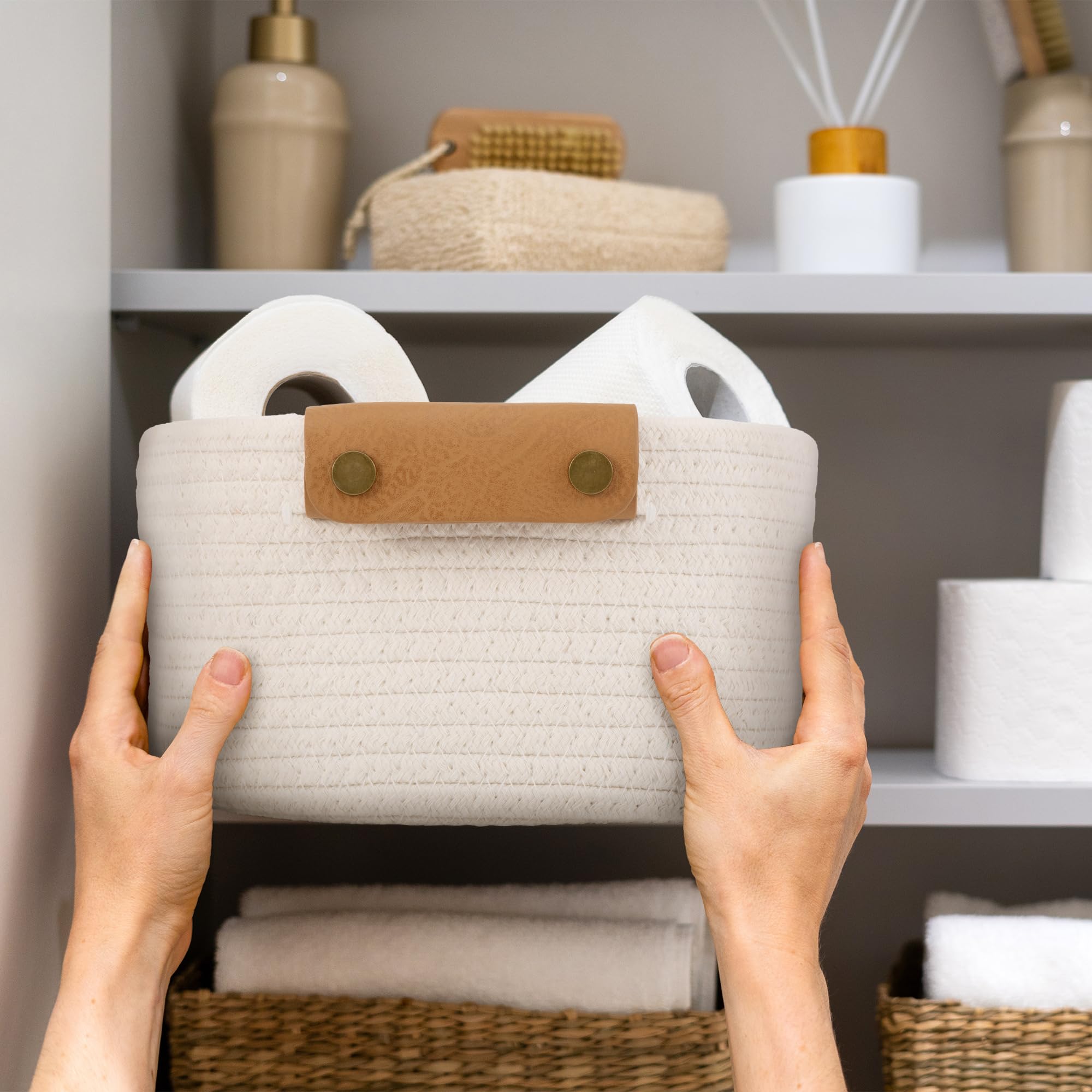 ZICOTO set of five baskets on shelf, brightens decor while reducing clutter.