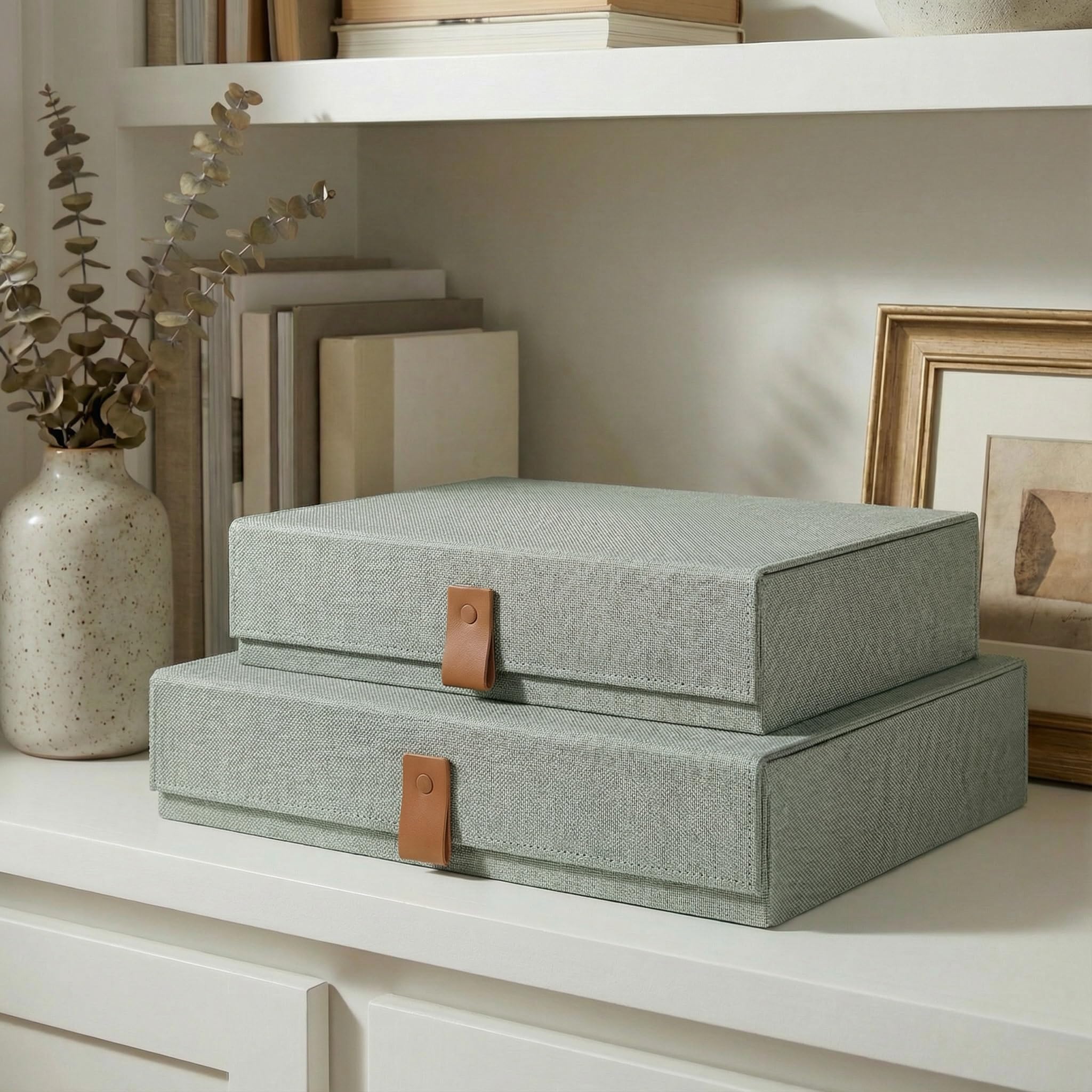 ZICOTO small sage linen photo storage box with lid keeps photos protected