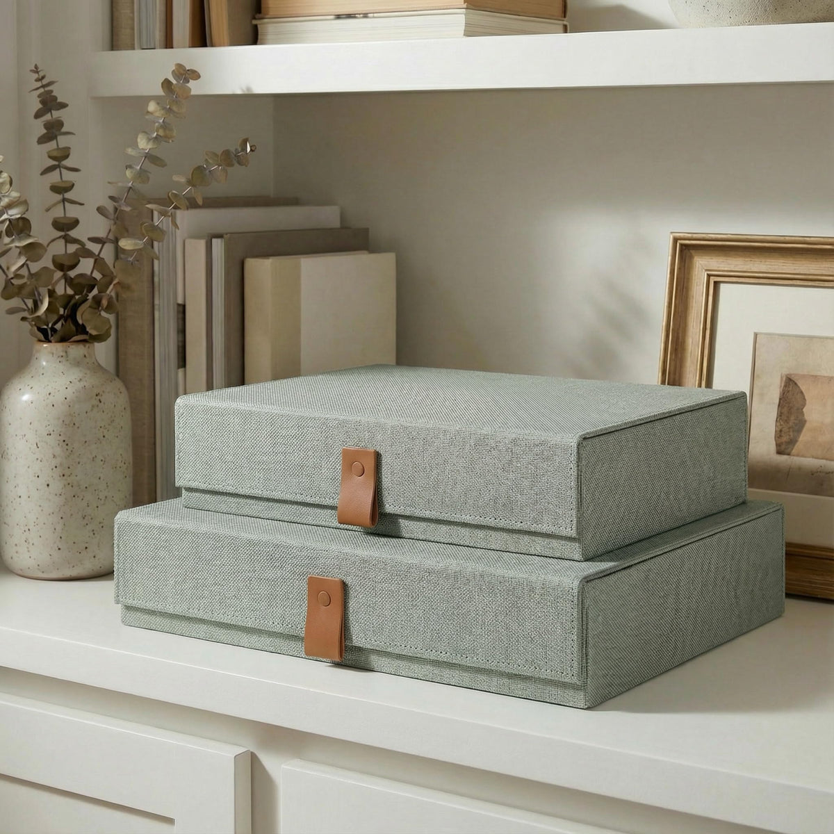 ZICOTO small sage linen photo storage box with lid keeps photos protected