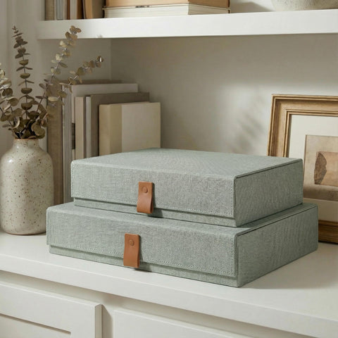 ZICOTO small sage linen photo storage box with lid keeps photos protected