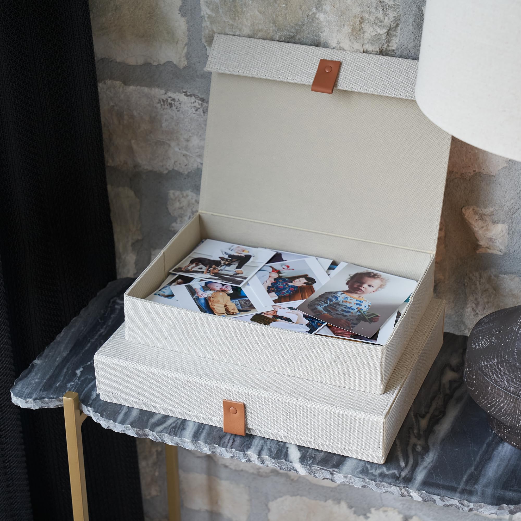 ZICOTO stackable memory boxes in linen fabric save shelf space.