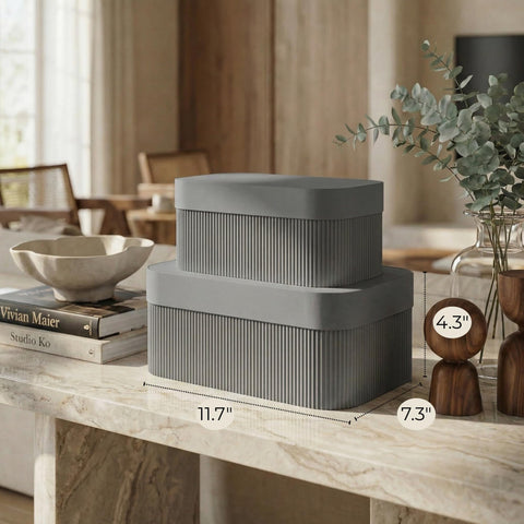 ZICOTO storage box on a bookshelf in gray with fluted texture for stylish storage.