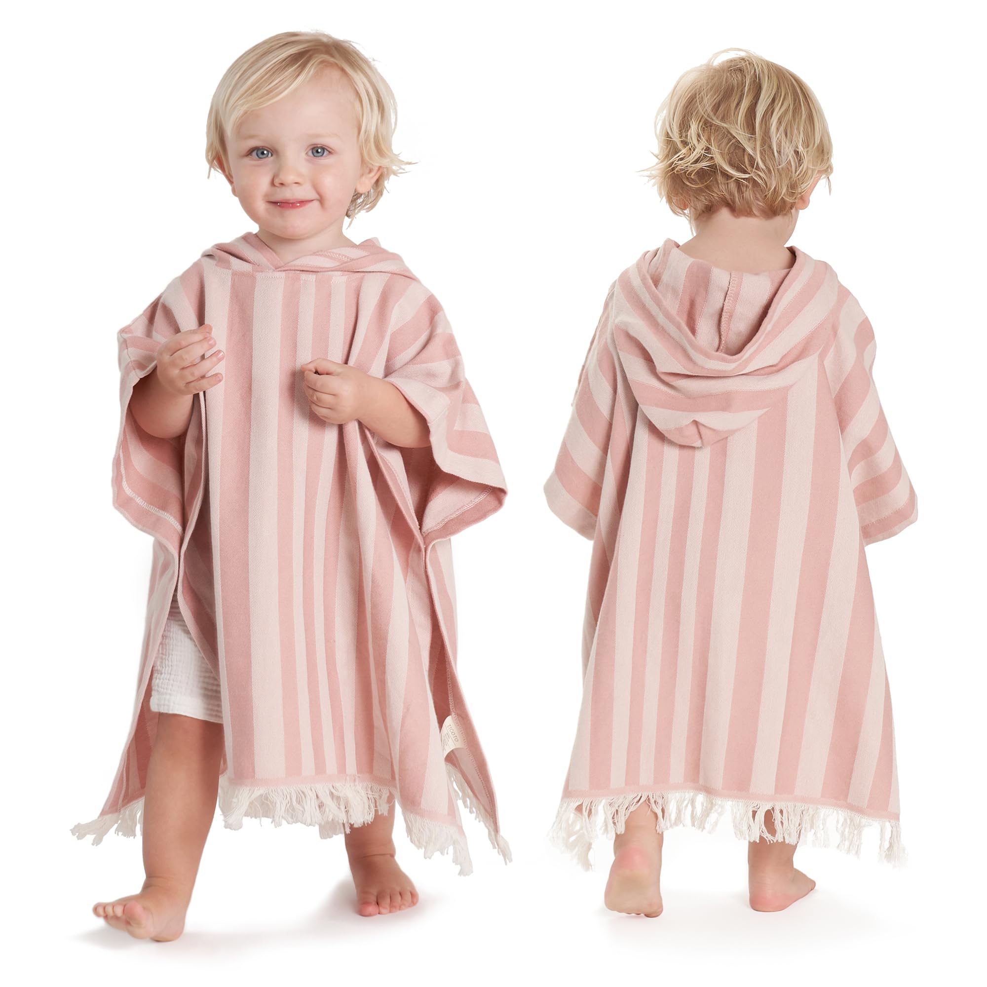 ZICOTO toddler hooded beach towel in pink stripe, soft cotton and quick-drying after bath