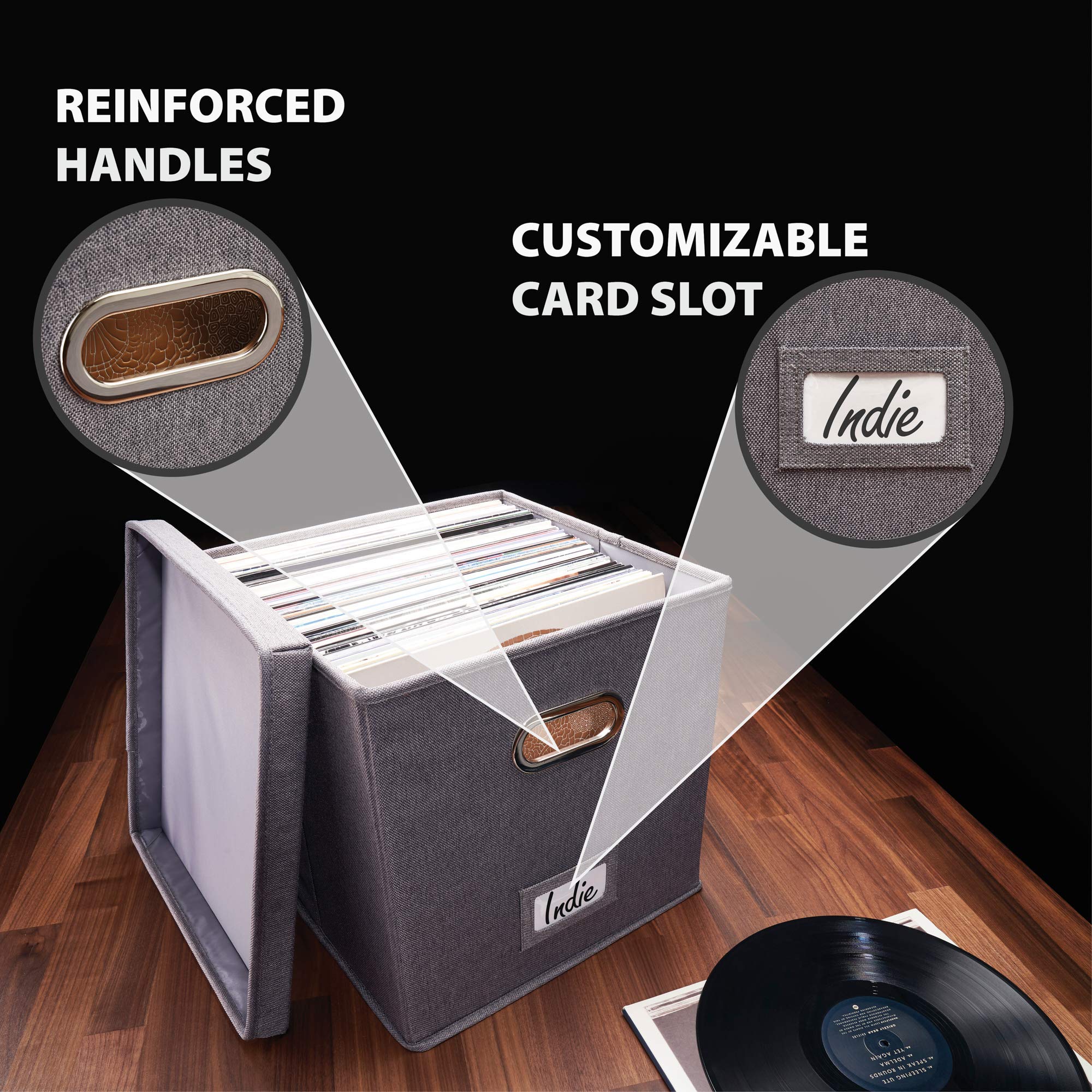 Dimensions 13x13x13 inches show ample capacity for 100+ records.