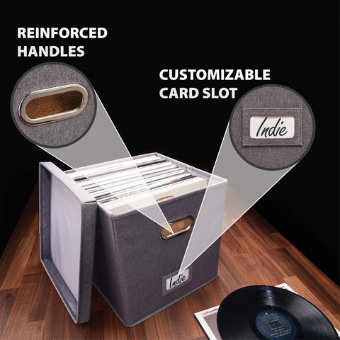 Dimensions 13x13x13 inches show ample capacity for 100+ records.