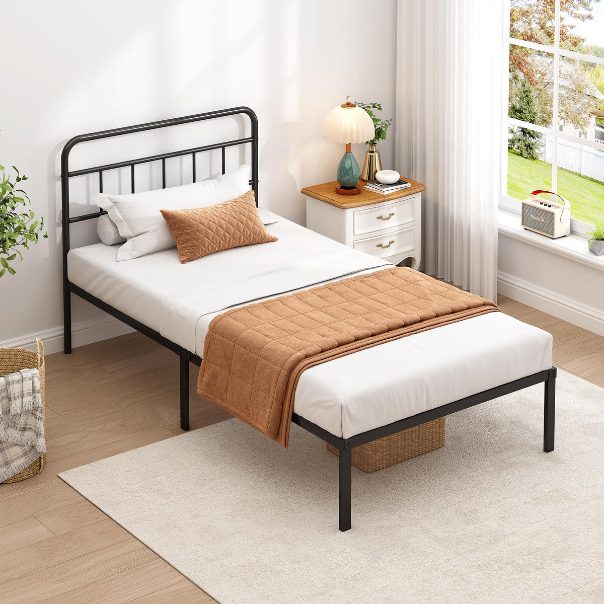 Ziguxiao twin bed frame with classic headboard adds timeless style to any room.