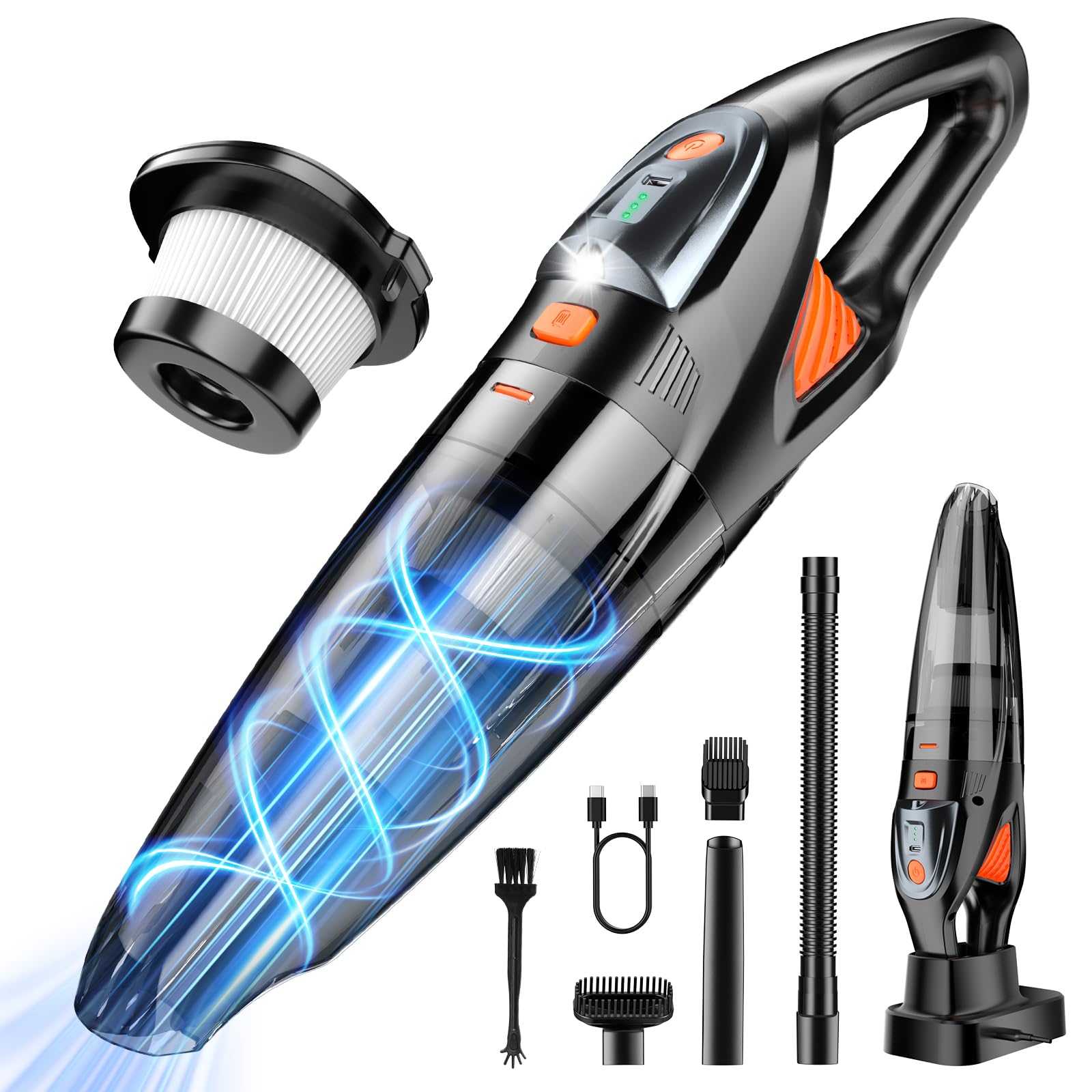 ZIHUOFAN handheld vacuum demonstrates 25kPa suction for car and home cleaning.