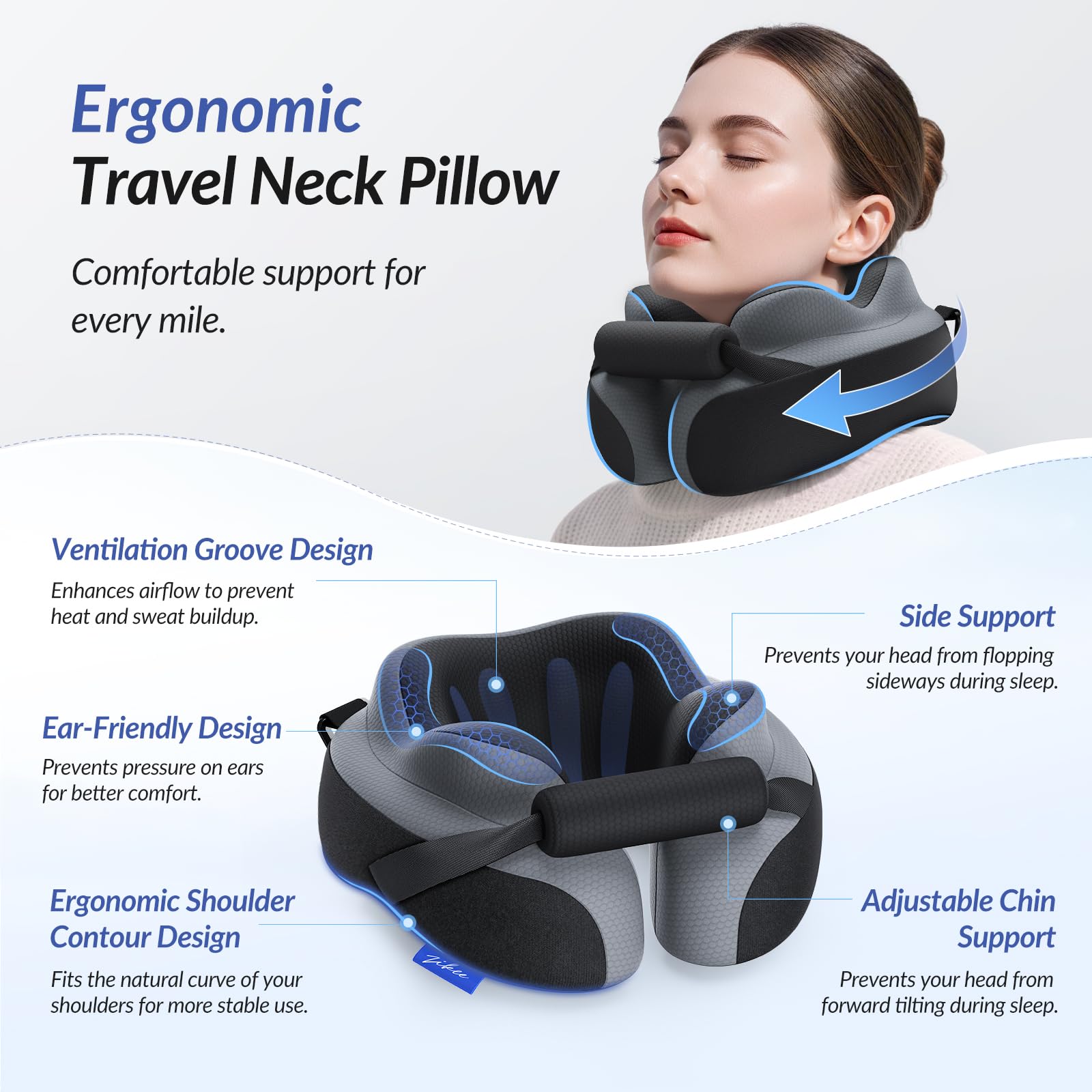 ZIKEE dual-hold design with back strap keeps pillow securely positioned on planes
