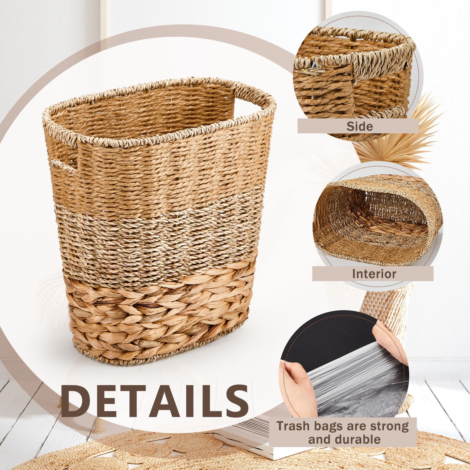 Rustic wicker design adds natural charm to bathrooms, kitchens, or bedrooms.