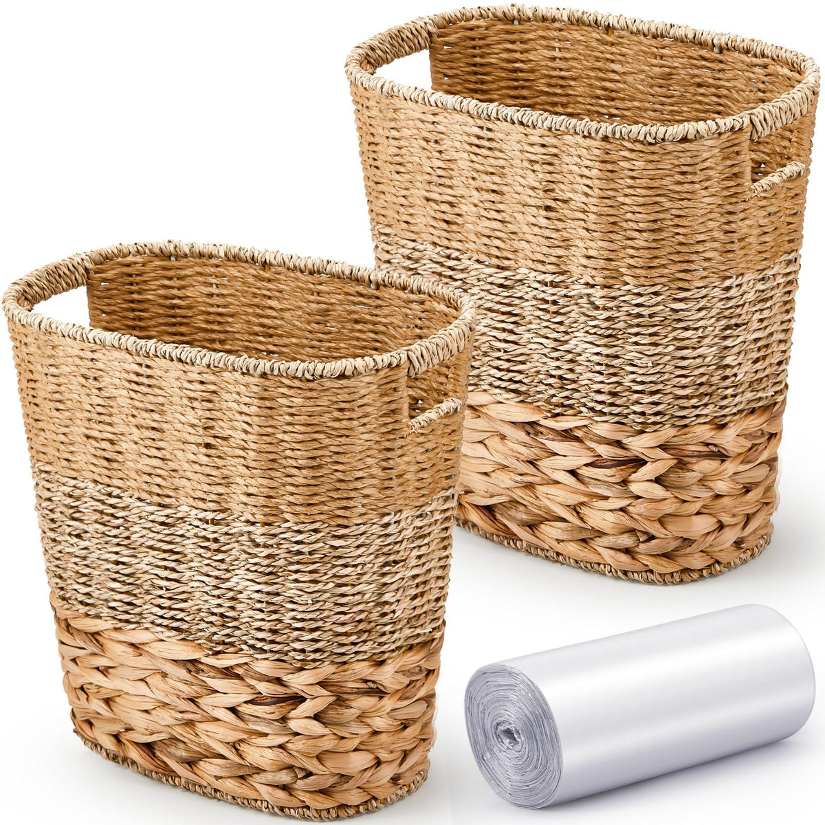 Ziliny wicker trash bin 2-piece set with handles for tidy bathroom and kitchen waste.