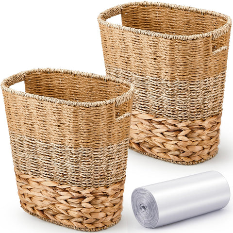 Ziliny wicker trash bin 2-piece set with handles for tidy bathroom and kitchen waste.