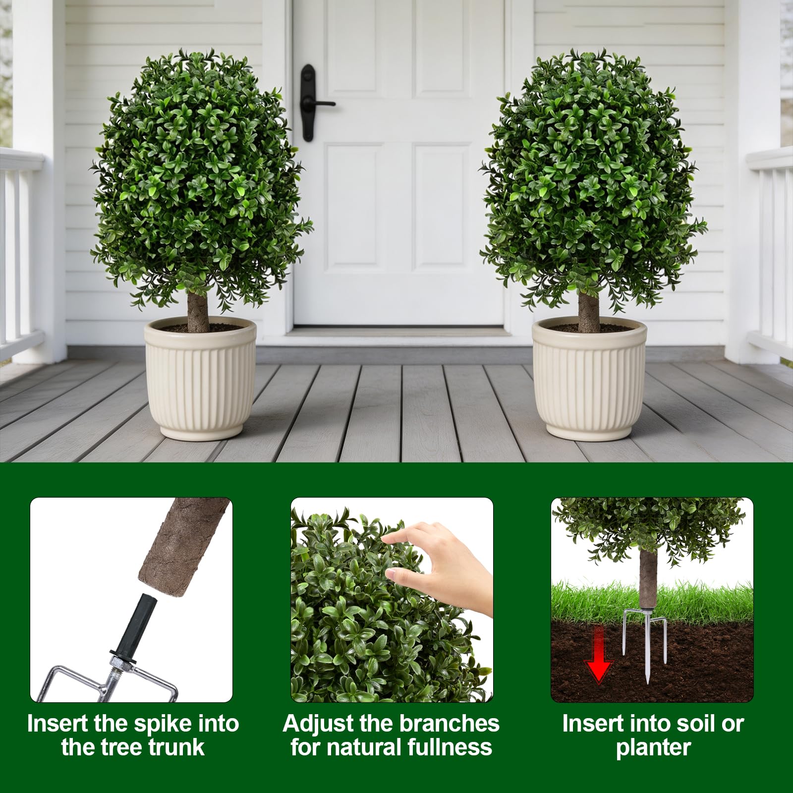 Zilithra 25-inch topiary with triangular stake for stable outdoor installation.